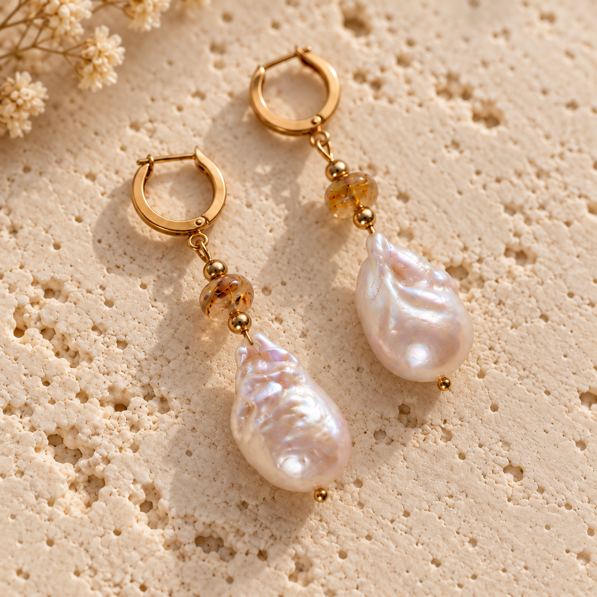 INNA YANOK Honey Quartz Earrings with Baroque Pearl, Citrine, Rutilated Quartz and gold-filled details