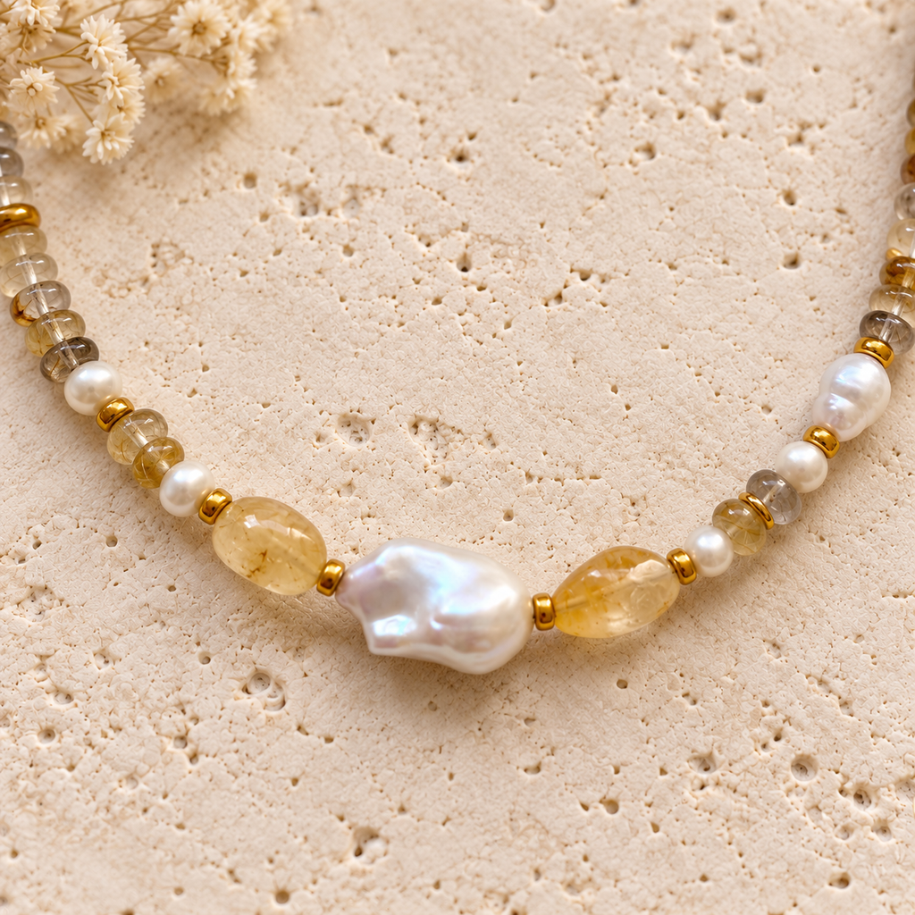 INNA YANOK Honey Quartz Necklace with Baroque Pearl, Citrine, Rutilated Quartz and gold-filled details