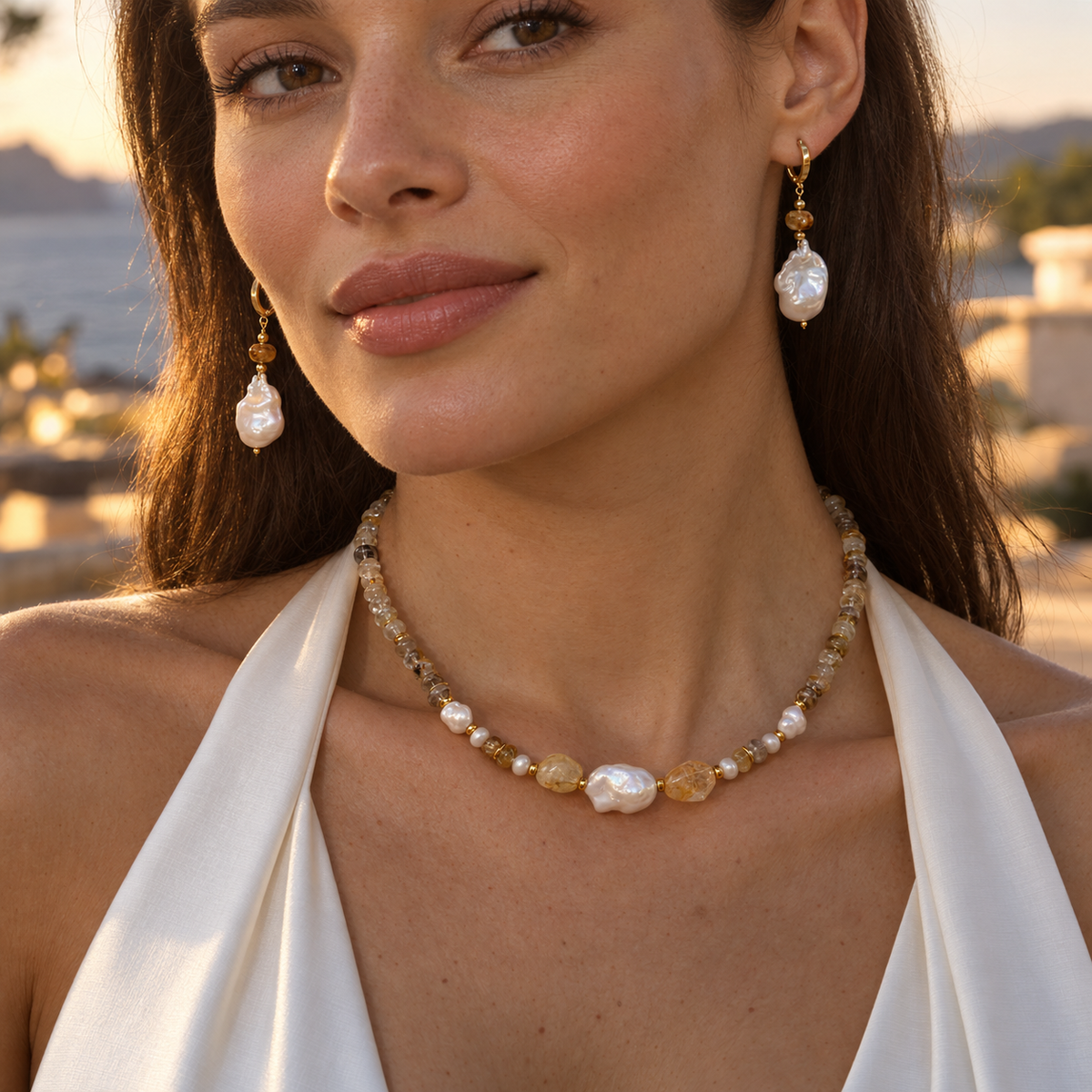 INNA YANOK Honey Quartz Necklace with Baroque Pearl, Citrine, Rutilated Quartz and gold-filled details