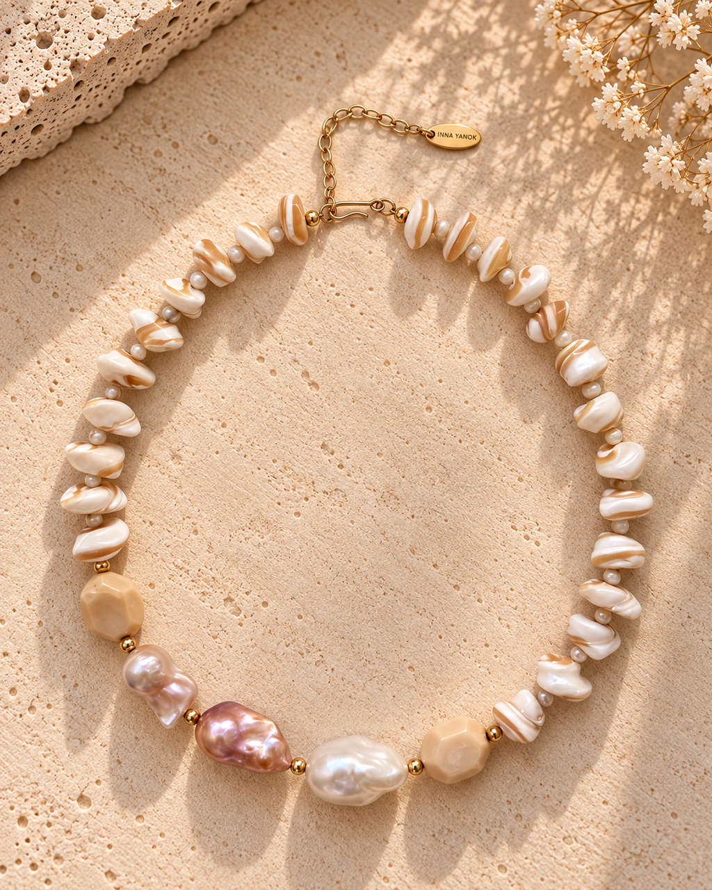 INNA YANOK Dune Baroque Pearl & Mother-of-Pearl Necklace with Baroque Pearl, Coral, Mother-of-Pearl and gold-filled details