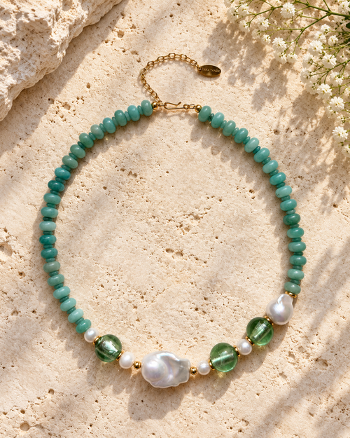 INNA YANOK Azzura Amazonite & Baroque Pearl Necklace with Amazonite, Baroque Pearl and gold-filled details