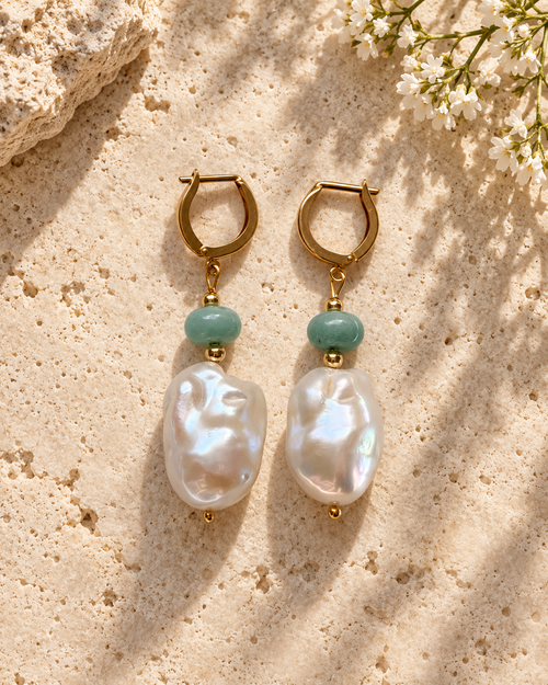 INNA YANOK Azzura Baroque Pearl & Amazonite Earrings with Amazonite, Baroque Pearl and gold-filled details