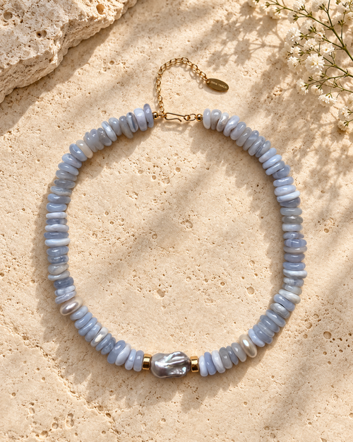 INNA YANOK Blue Whisper Pearl Necklace with Baroque Pearl, Blue Lace Agate and gold-filled details