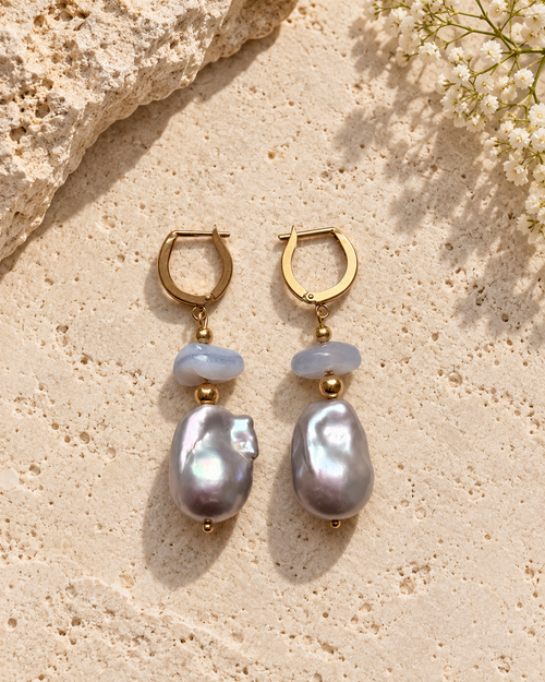 INNA YANOK Blue Whisper Pearl Earrings with Baroque Pearl, Blue Lace Agate and gold-filled details