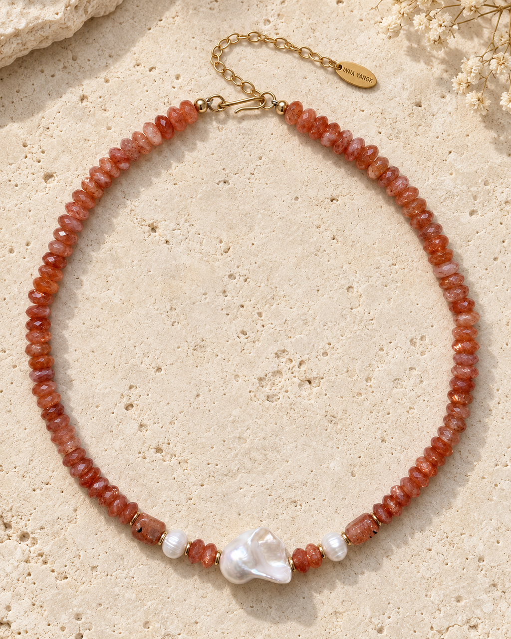 INNA YANOK Sun Kiss Necklace with Freshwater Pearl, Sunstone and gold-filled details