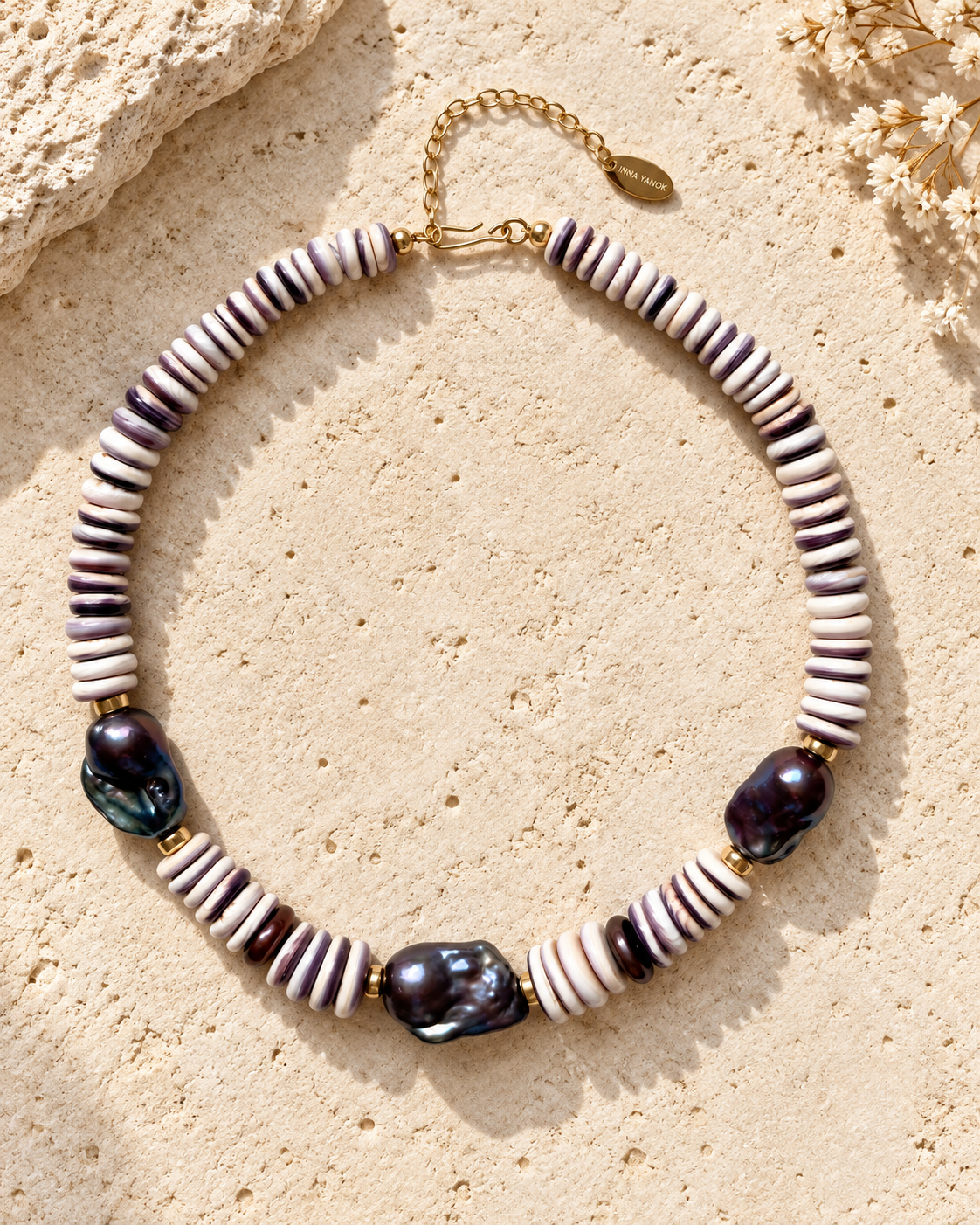 INNA YANOK Sea Lavender Necklace with Baroque Pearl, Wampum Shell and gold-filled details