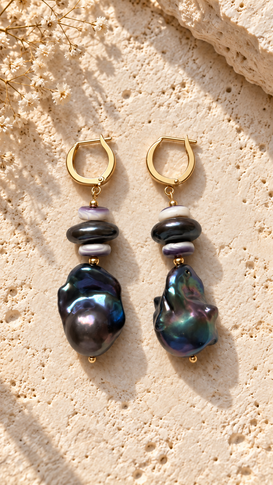 INNA YANOK Sea Lavender Pearl Earrings with Baroque Pearl, Wampum Shell and gold-filled details