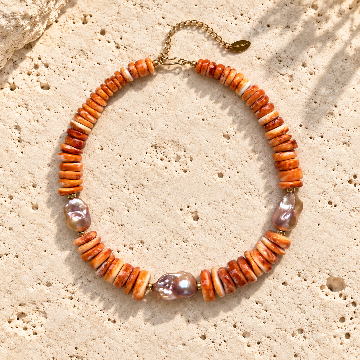 INNA YANOK Coral Sunset Necklace with Baroque Pearl, Shell and gold-filled details