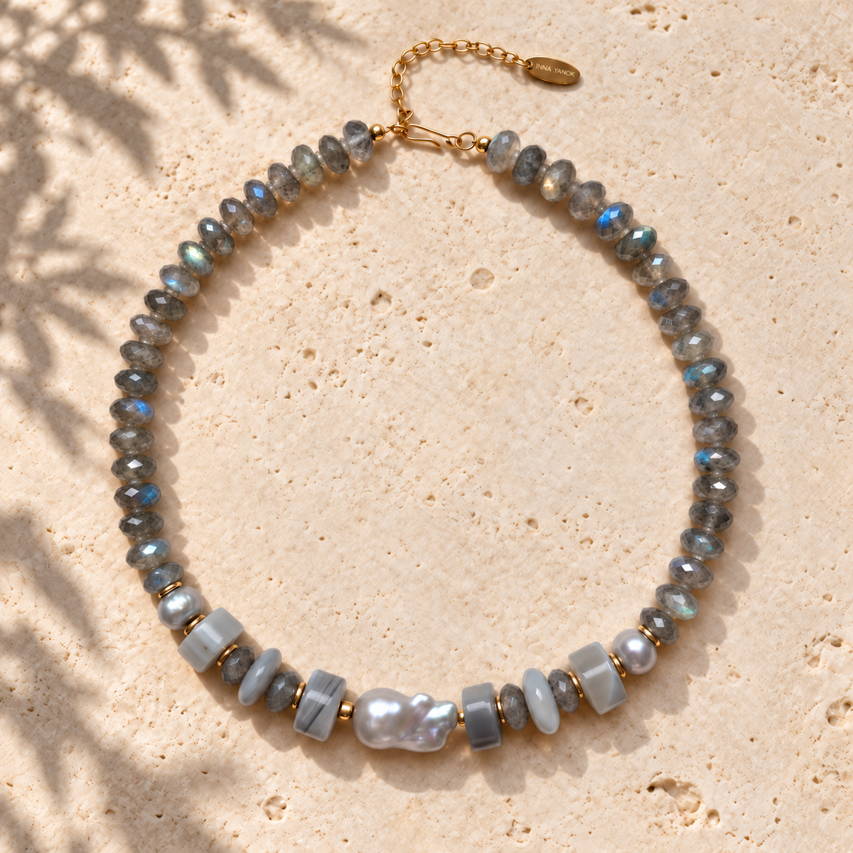INNA YANOK Silver Mist Necklace with Botswana Agate, Freshwater Pearl, Labradorite and gold-filled details