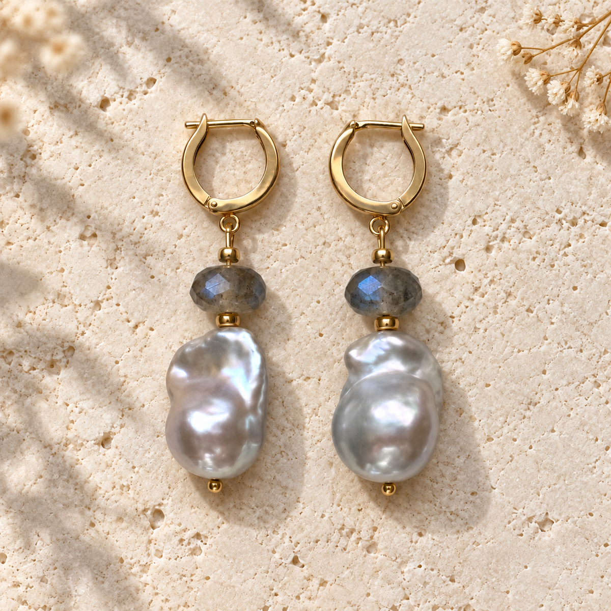 INNA YANOK Silver Mist Pearl Earrings with Baroque Pearl, Labradorite and gold-filled details