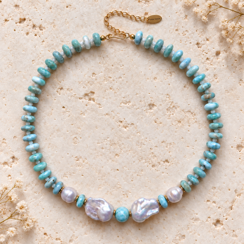 INNA YANOK Caribbean Blue Larimar & Pearl Necklace with Baroque Pearl, Larimar, Mother-of-Pearl and gold-filled details