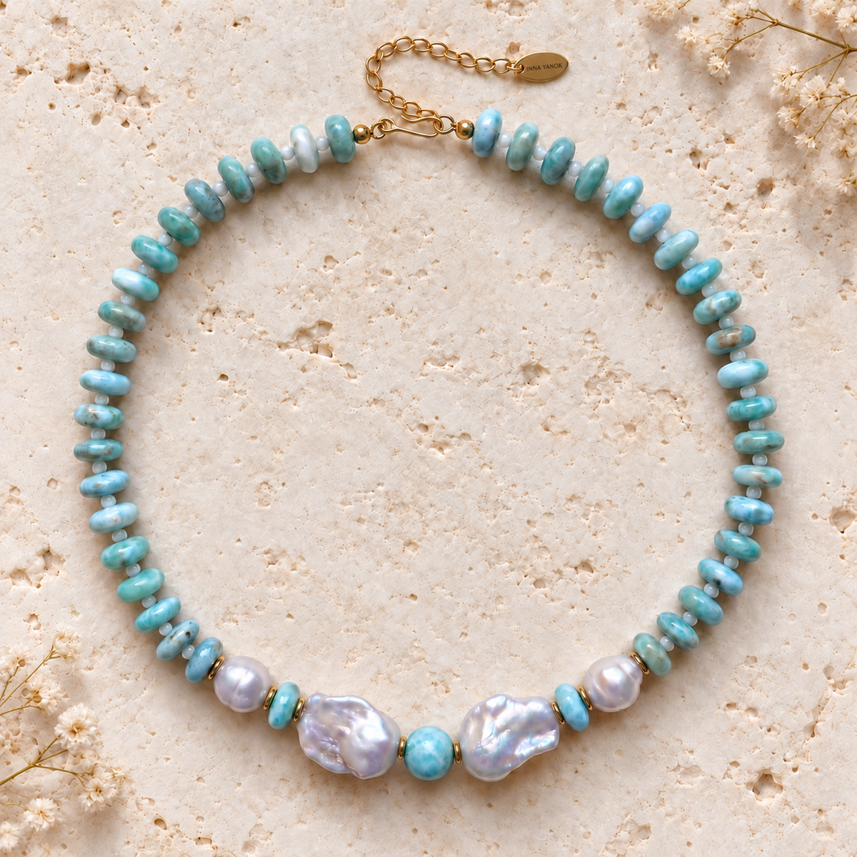 INNA YANOK Caribbean Blue Larimar & Pearl Necklace with Baroque Pearl, Larimar, Mother-of-Pearl and gold-filled details