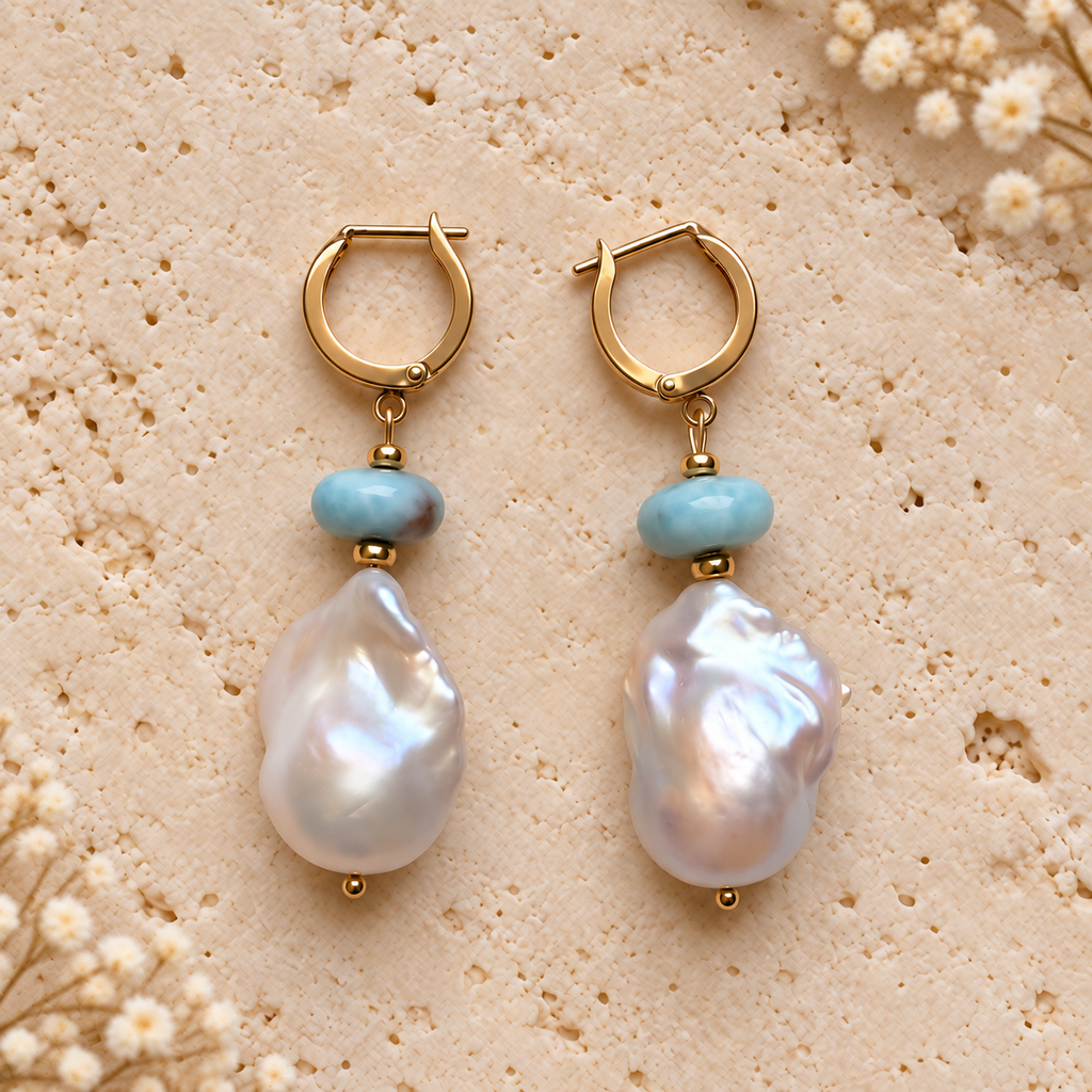 INNA YANOK Caribbean Blue Larimar & Pearl Earrings with Baroque Pearl, Larimar and gold-filled details