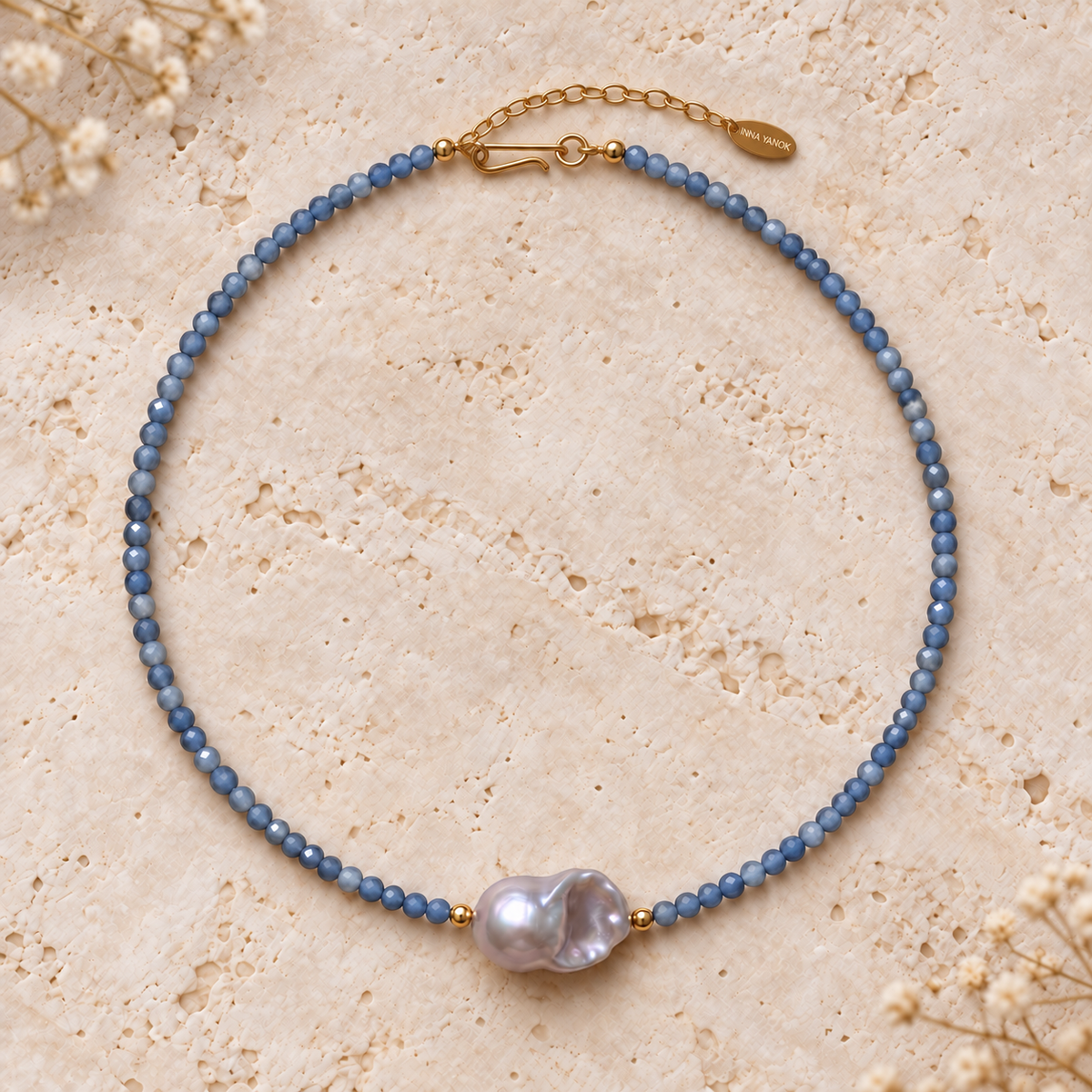 INNA YANOK Midnight Blue Sapphire & Pearl Choker with Baroque Pearl, Sapphire and gold-filled details