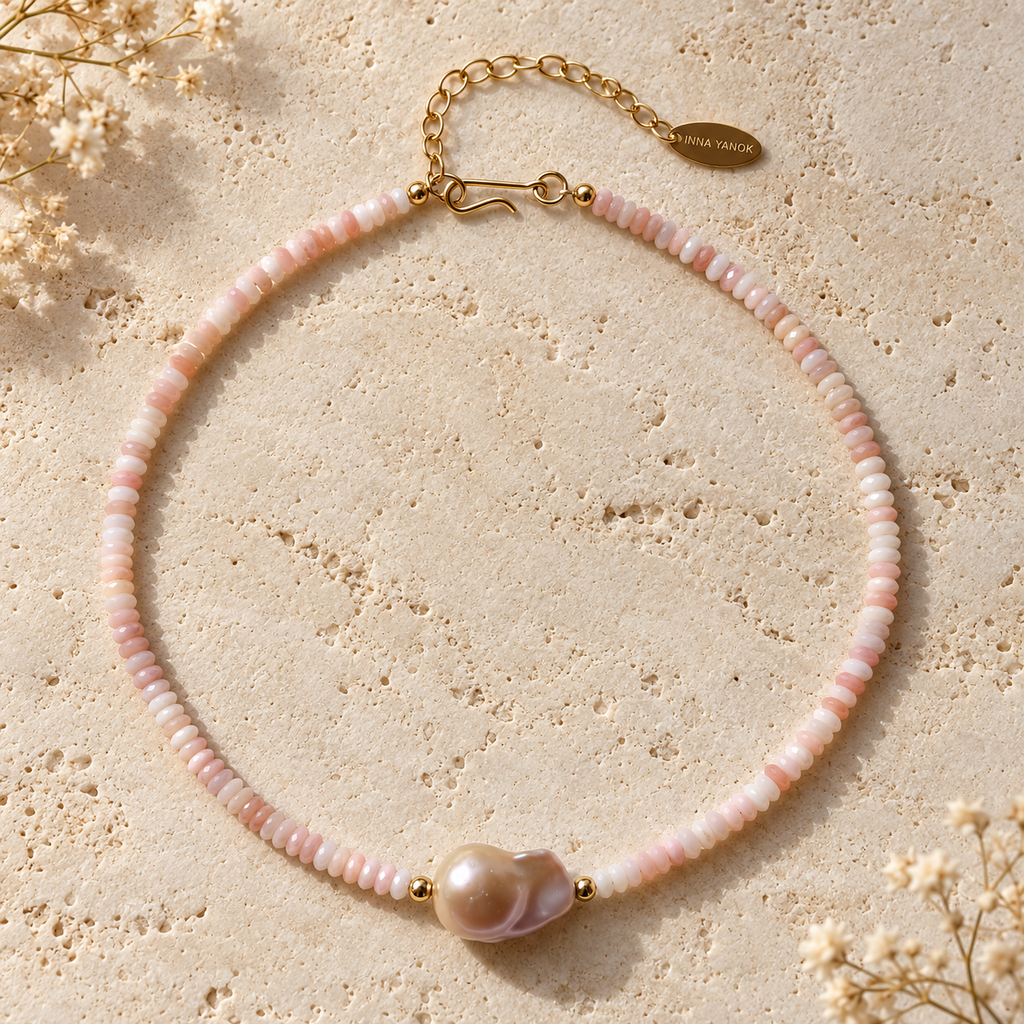 INNA YANOK Pink Cloud Opal & Pearl Choker with Baroque Pearl, Pink Opal and gold-filled details