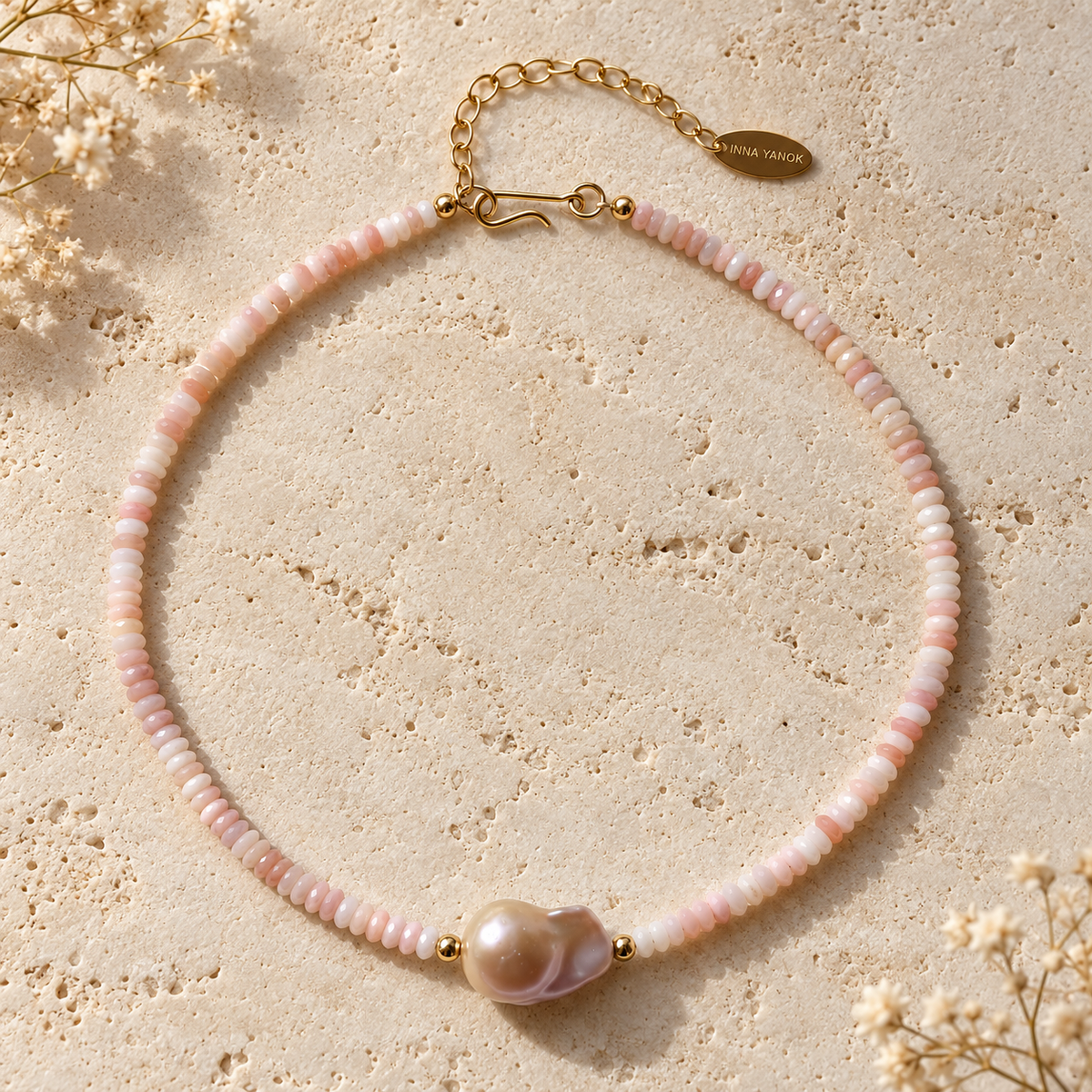 INNA YANOK Pink Cloud Opal & Pearl Choker with Baroque Pearl, Pink Opal and gold-filled details