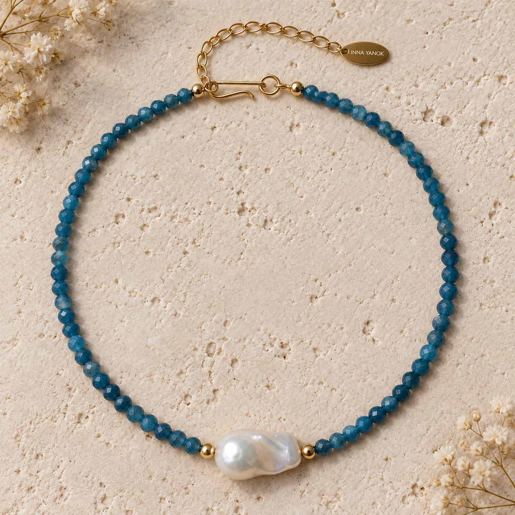 INNA YANOK Deep Blue Apatite & Pearl Choker with faceted blue apatite, baroque freshwater pearl and gold-filled details