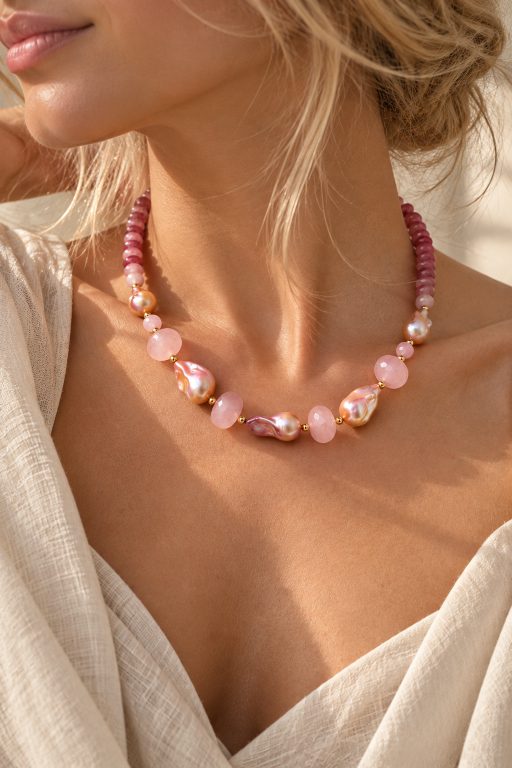 INNA YANOK Rosé Pearl Necklace with Baroque Pearl, Pink Quartz and gold-filled details