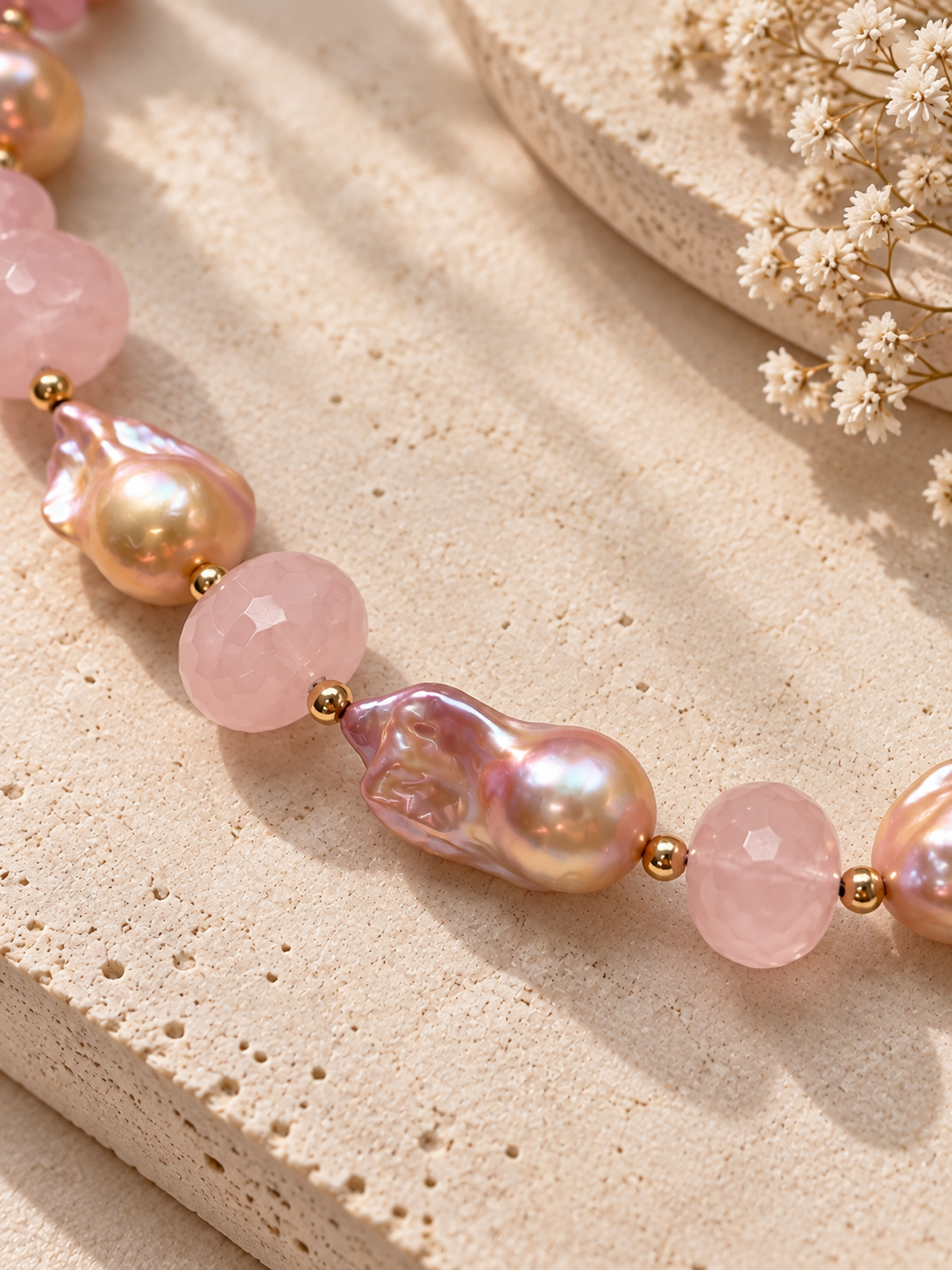 INNA YANOK Rosé Pearl Necklace with Baroque Pearl, Pink Quartz and gold-filled details