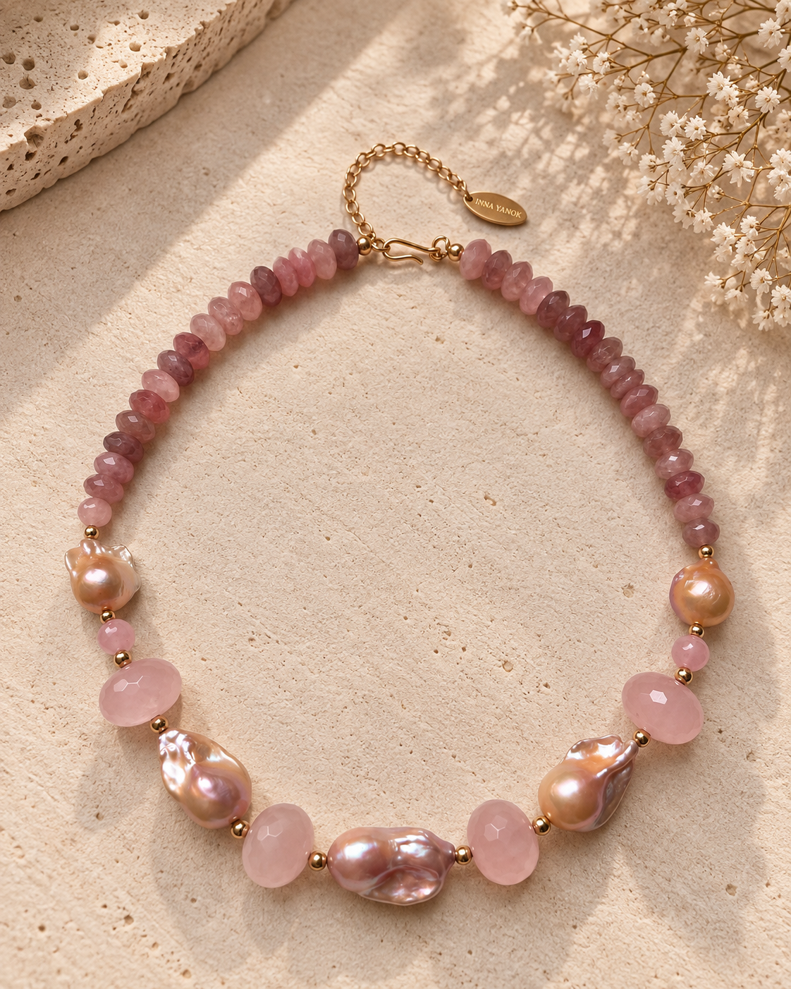INNA YANOK Rosé Pearl Necklace with Baroque Pearl, Pink Quartz and gold-filled details