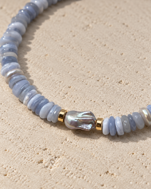 INNA YANOK Blue Whisper Pearl Necklace with Baroque Pearl, Blue Lace Agate and gold-filled details