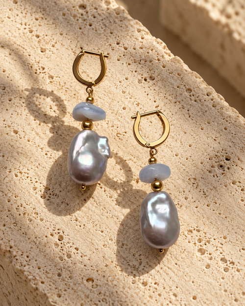 INNA YANOK Blue Whisper Pearl Earrings with Baroque Pearl, Blue Lace Agate and gold-filled details