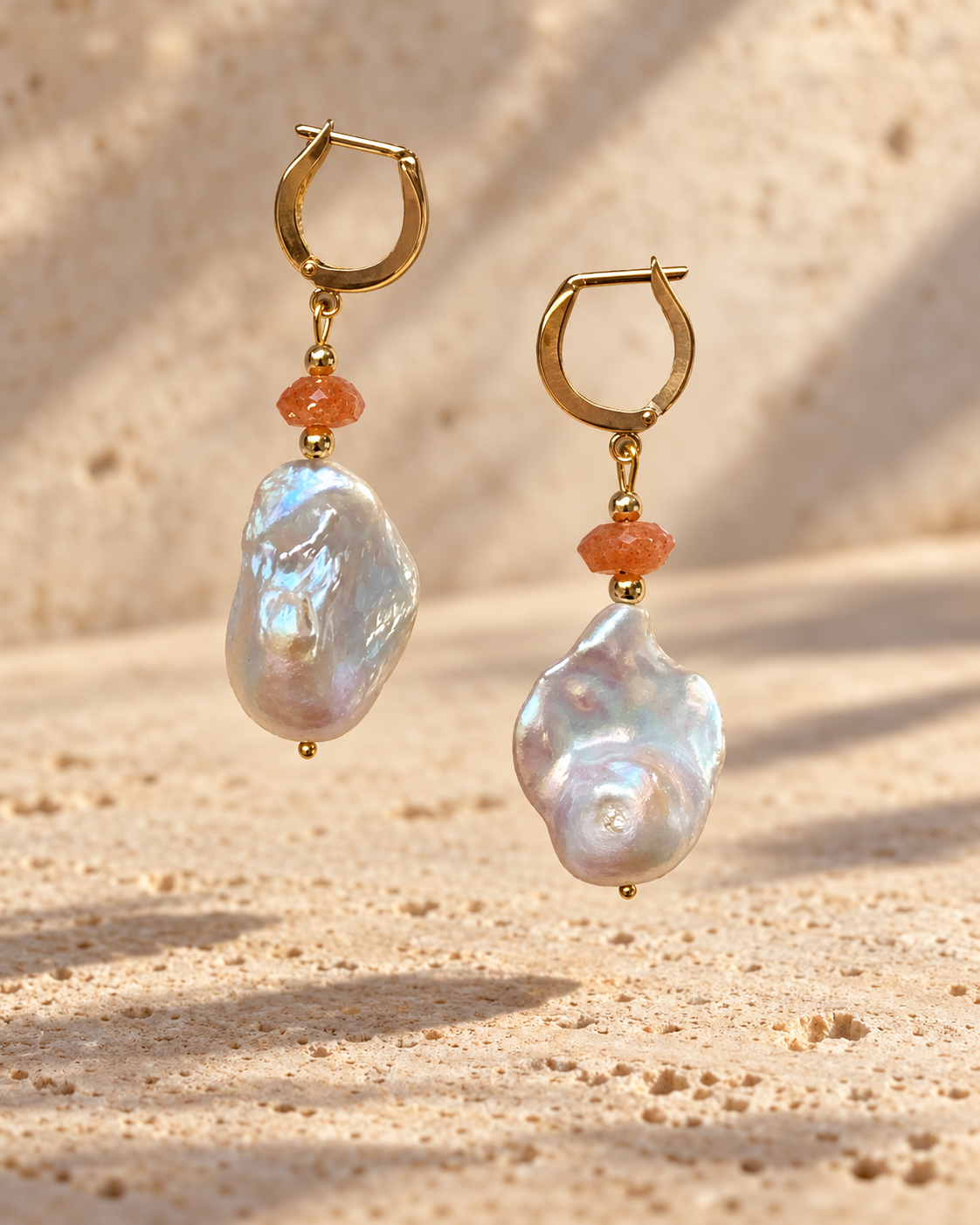 INNA YANOK Sun Kiss Pearl Earrings with Baroque Pearl, Sunstone and gold-filled details