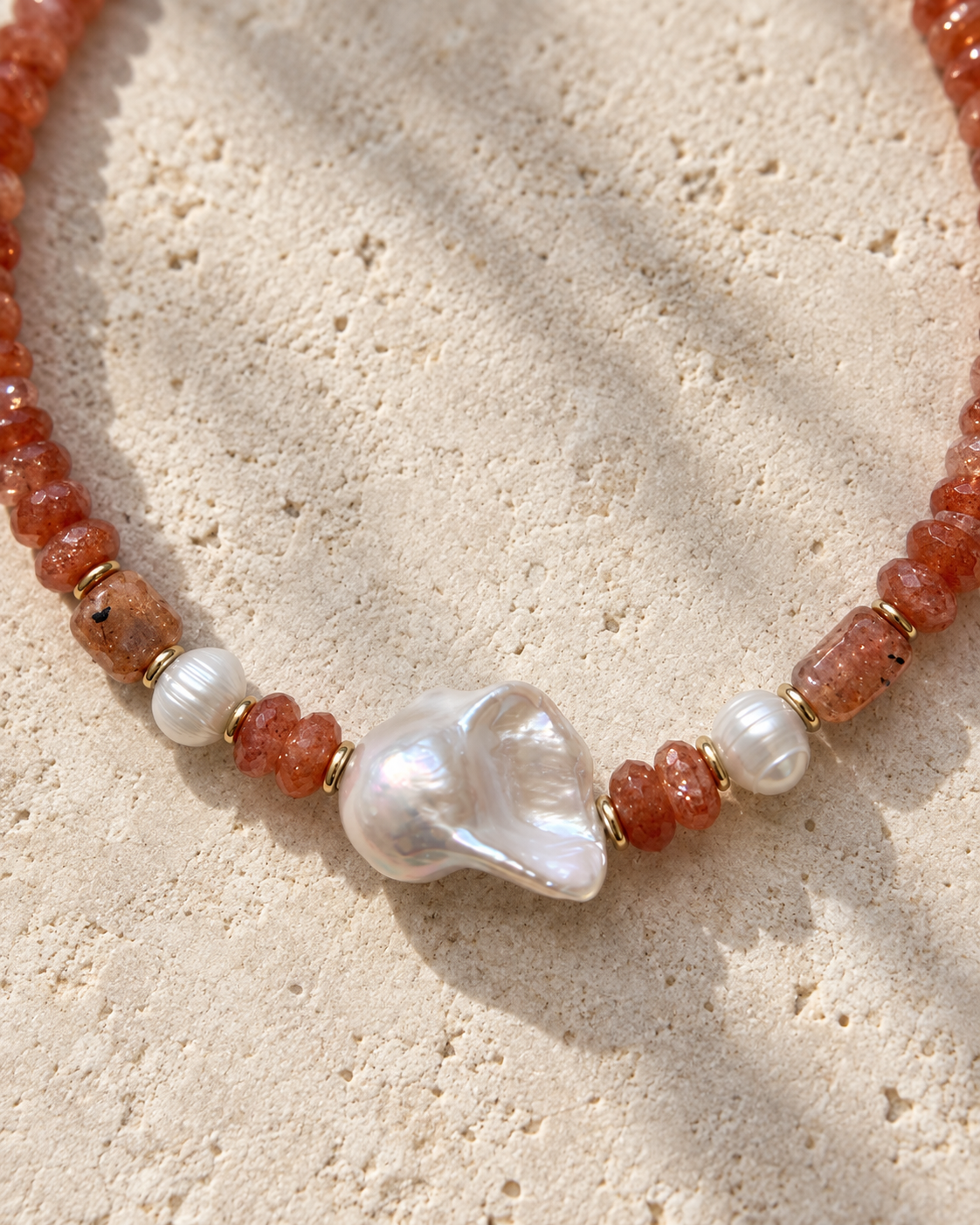 INNA YANOK Sun Kiss Necklace with Freshwater Pearl, Sunstone and gold-filled details