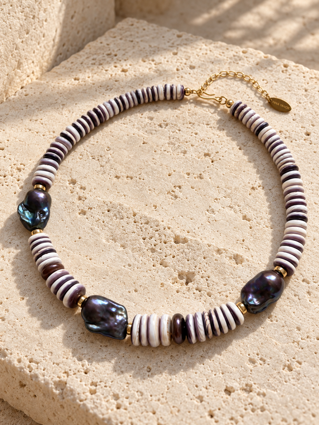 INNA YANOK Sea Lavender Necklace with Baroque Pearl, Wampum Shell and gold-filled details