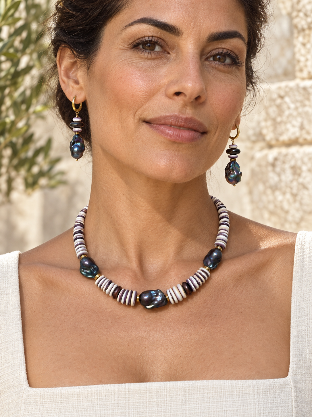 INNA YANOK Sea Lavender Necklace with Baroque Pearl, Wampum Shell and gold-filled details