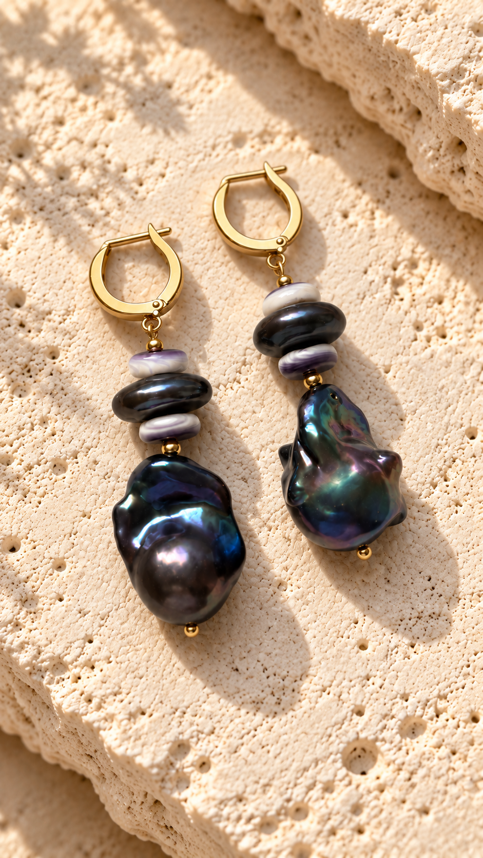 INNA YANOK Sea Lavender Pearl Earrings with Baroque Pearl, Wampum Shell and gold-filled details