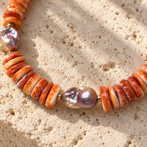 INNA YANOK Coral Sunset Necklace with Baroque Pearl, Shell and gold-filled details