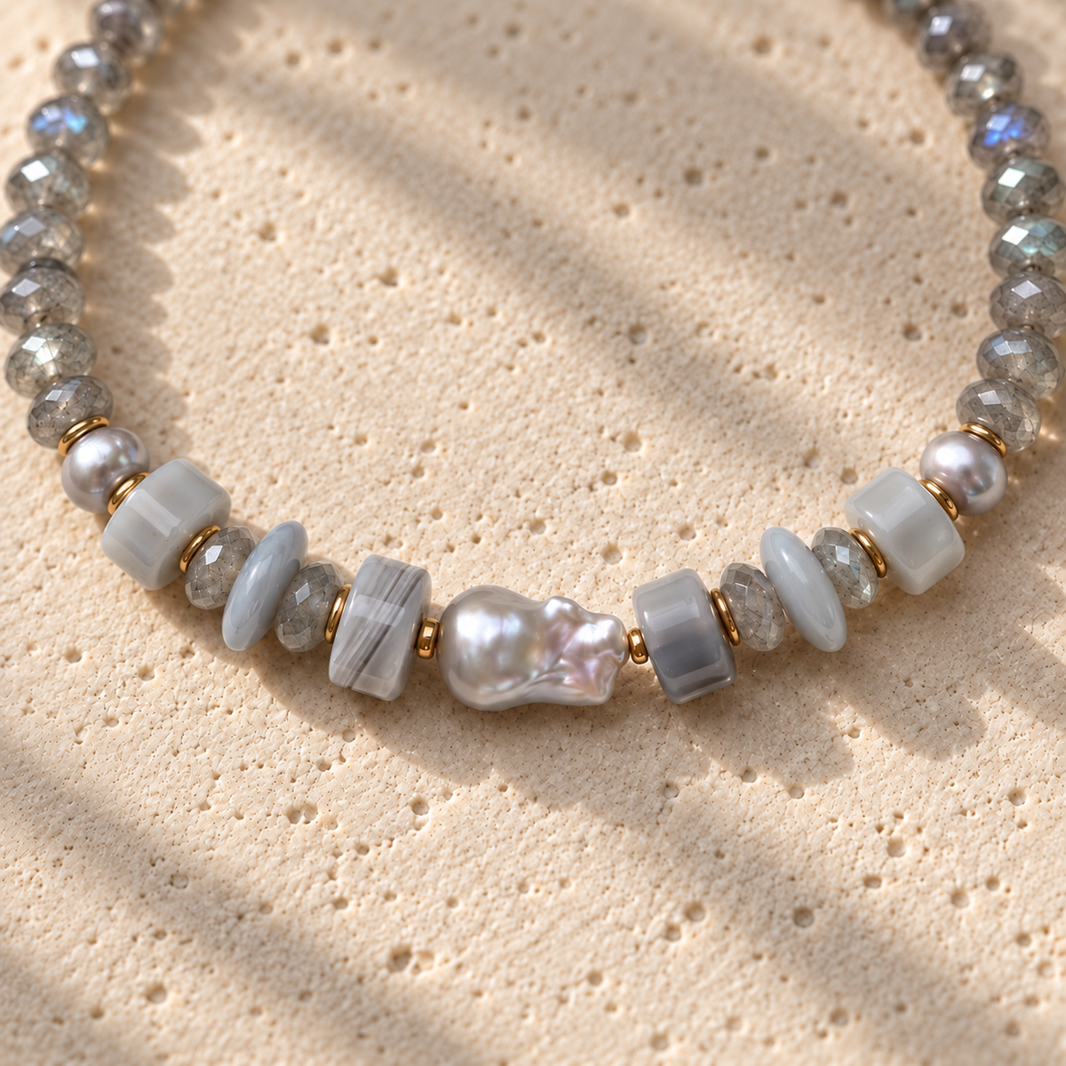 INNA YANOK Silver Mist Necklace with Botswana Agate, Freshwater Pearl, Labradorite and gold-filled details
