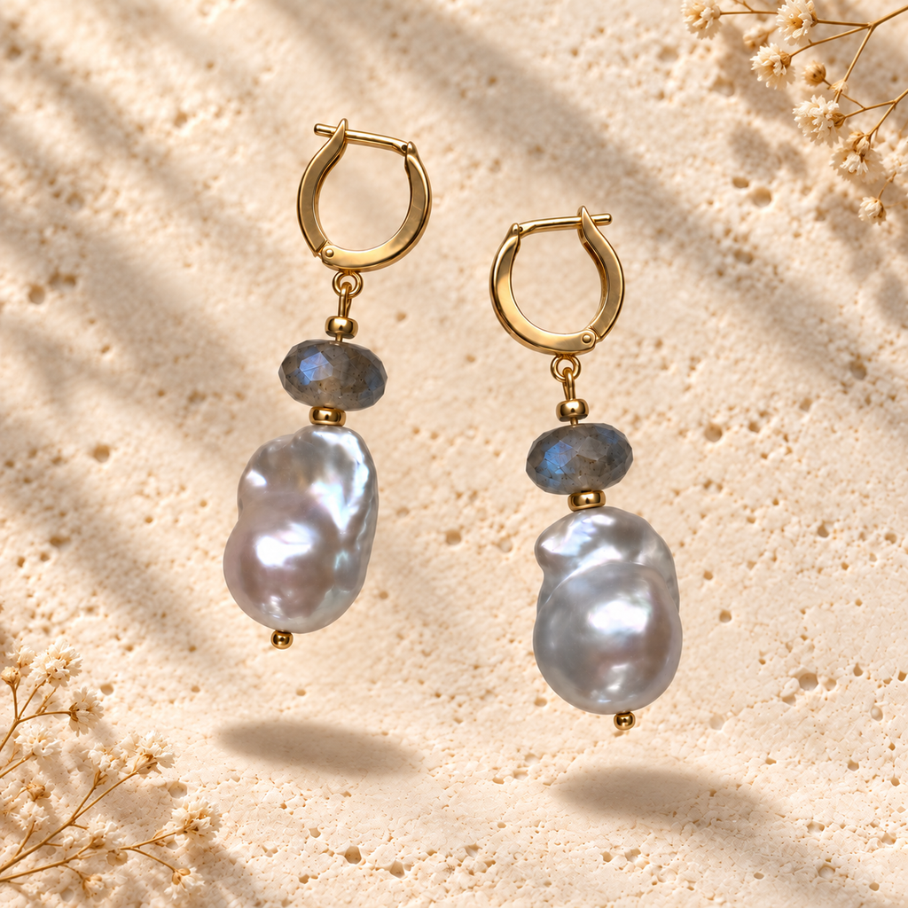 INNA YANOK Silver Mist Pearl Earrings with Baroque Pearl, Labradorite and gold-filled details