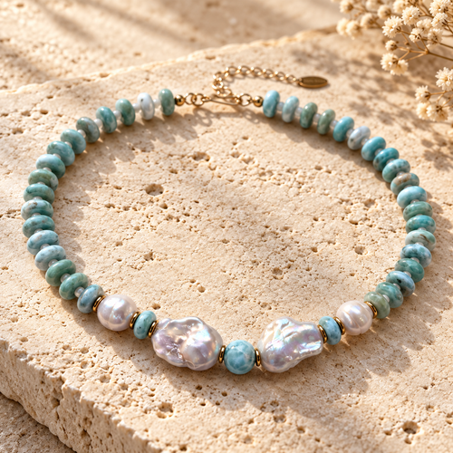 INNA YANOK Caribbean Blue Larimar & Pearl Necklace with Baroque Pearl, Larimar, Mother-of-Pearl and gold-filled details