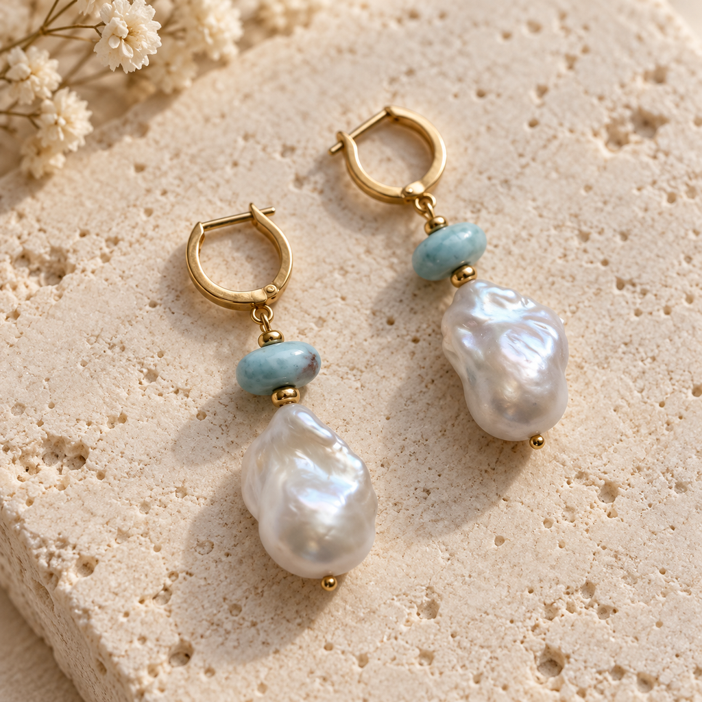 INNA YANOK Caribbean Blue Larimar & Pearl Earrings with Baroque Pearl, Larimar and gold-filled details