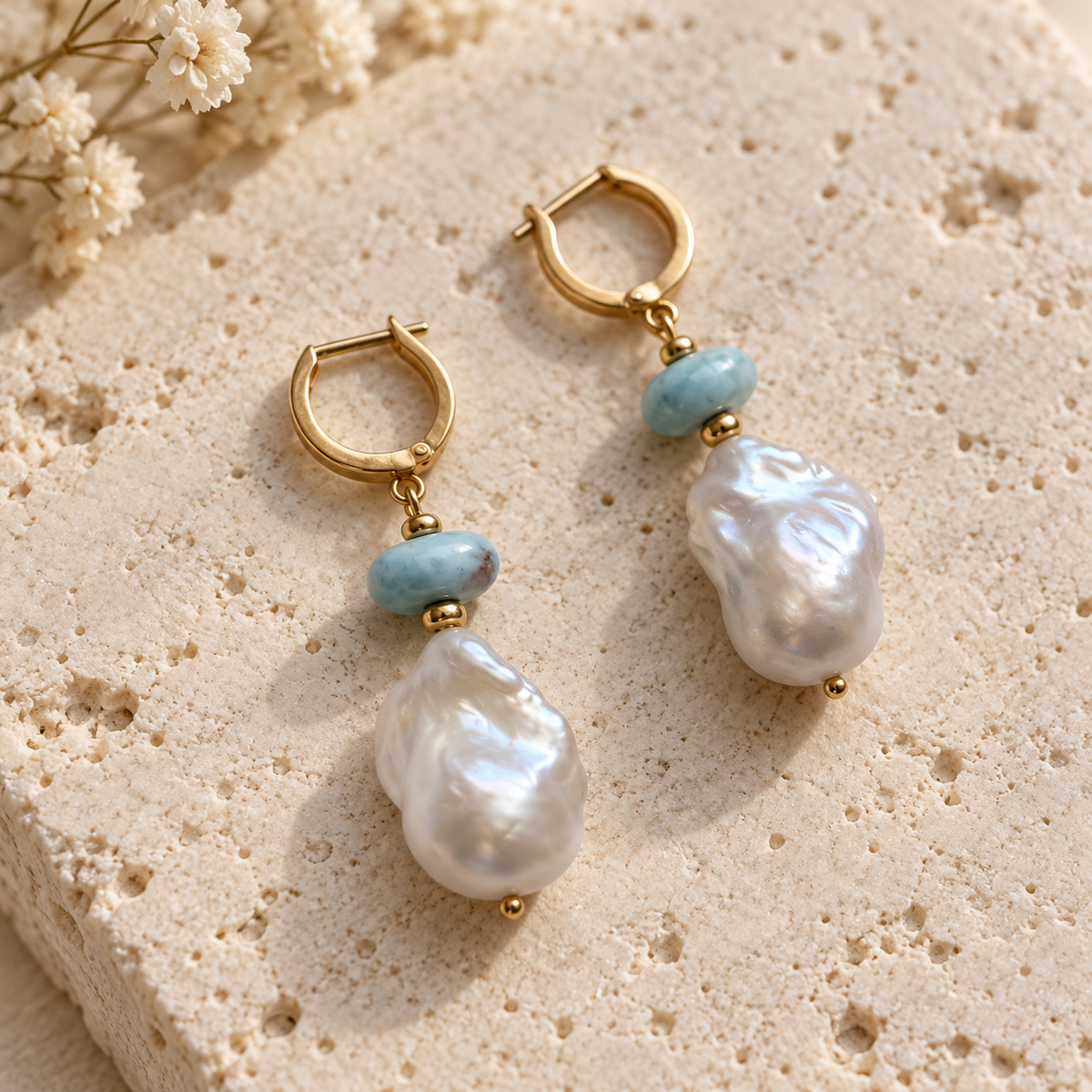 INNA YANOK Caribbean Blue Larimar & Pearl Earrings with Baroque Pearl, Larimar and gold-filled details