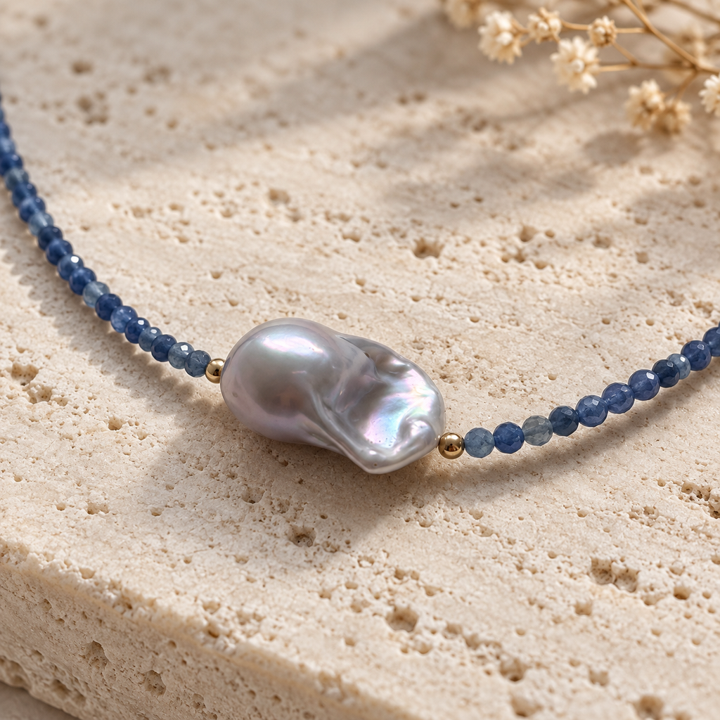 INNA YANOK Midnight Blue Sapphire & Pearl Choker with Baroque Pearl, Sapphire and gold-filled details