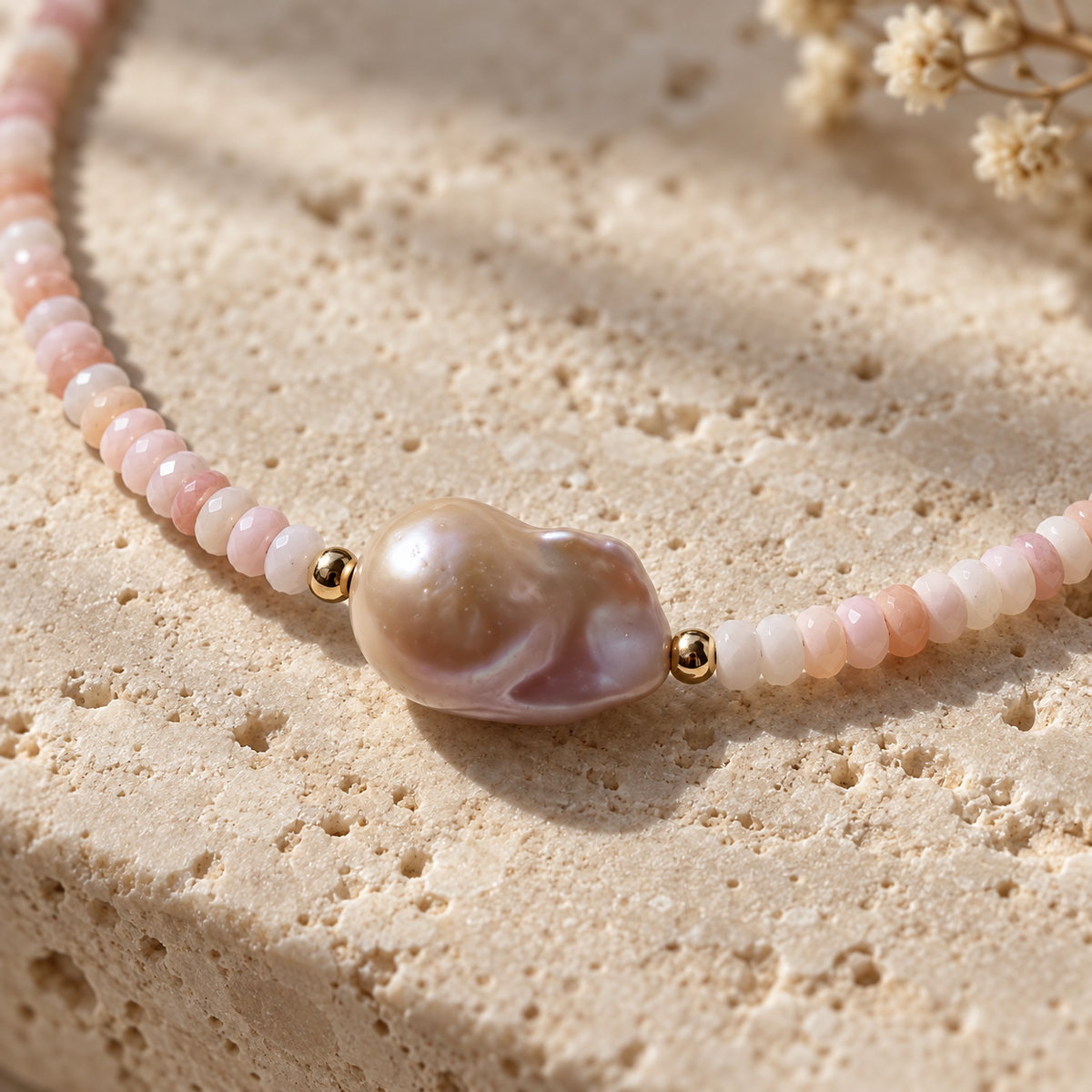 INNA YANOK Pink Cloud Opal & Pearl Choker with Baroque Pearl, Pink Opal and gold-filled details