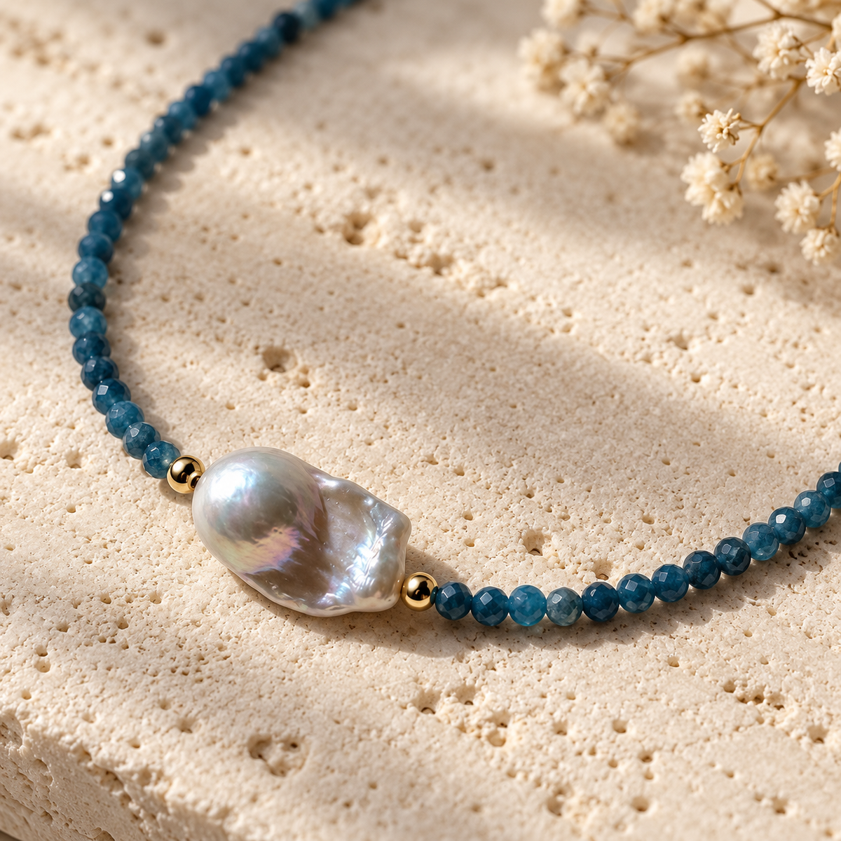 Deep Blue Apatite & Pearl Choker