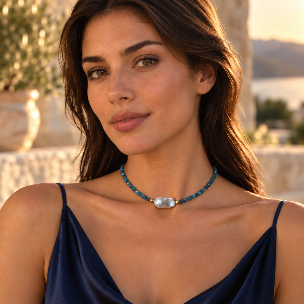 Deep Blue Apatite & Pearl Choker
