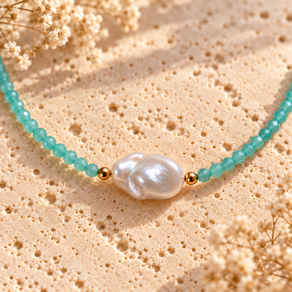 INNA YANOK Sea Breeze Amazonite & Pearl Choker with Amazonite, Baroque Pearl and gold-filled details