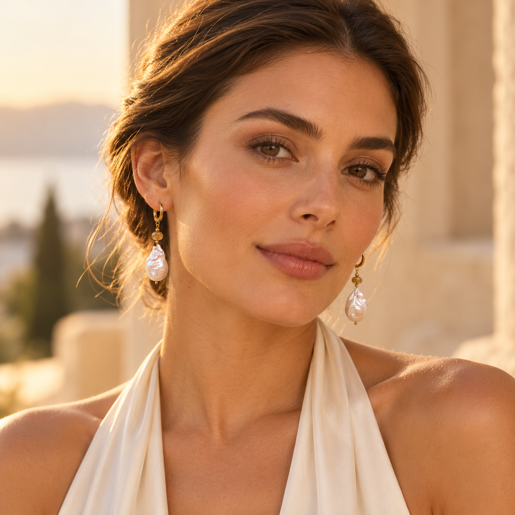 INNA YANOK Honey Quartz Earrings with Baroque Pearl, Citrine, Rutilated Quartz and gold-filled details