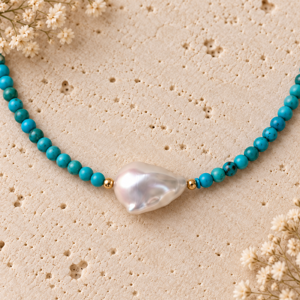 INNA YANOK Turquoise Pearl Choker with Baroque Pearl, Turquoise and gold-filled details
