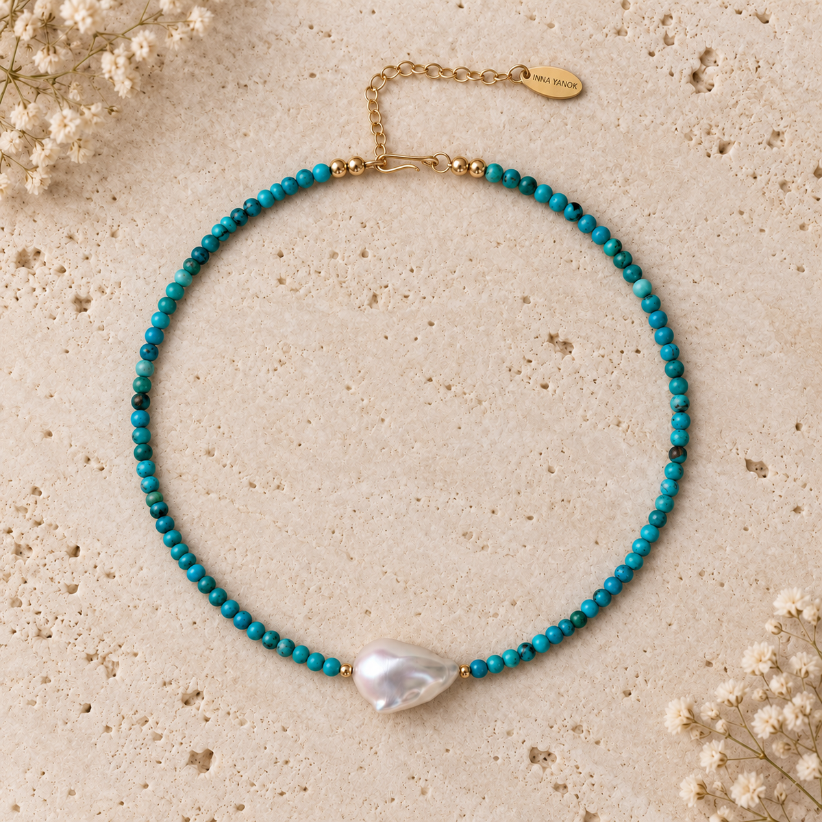 INNA YANOK Turquoise Pearl Choker with Baroque Pearl, Turquoise and gold-filled details