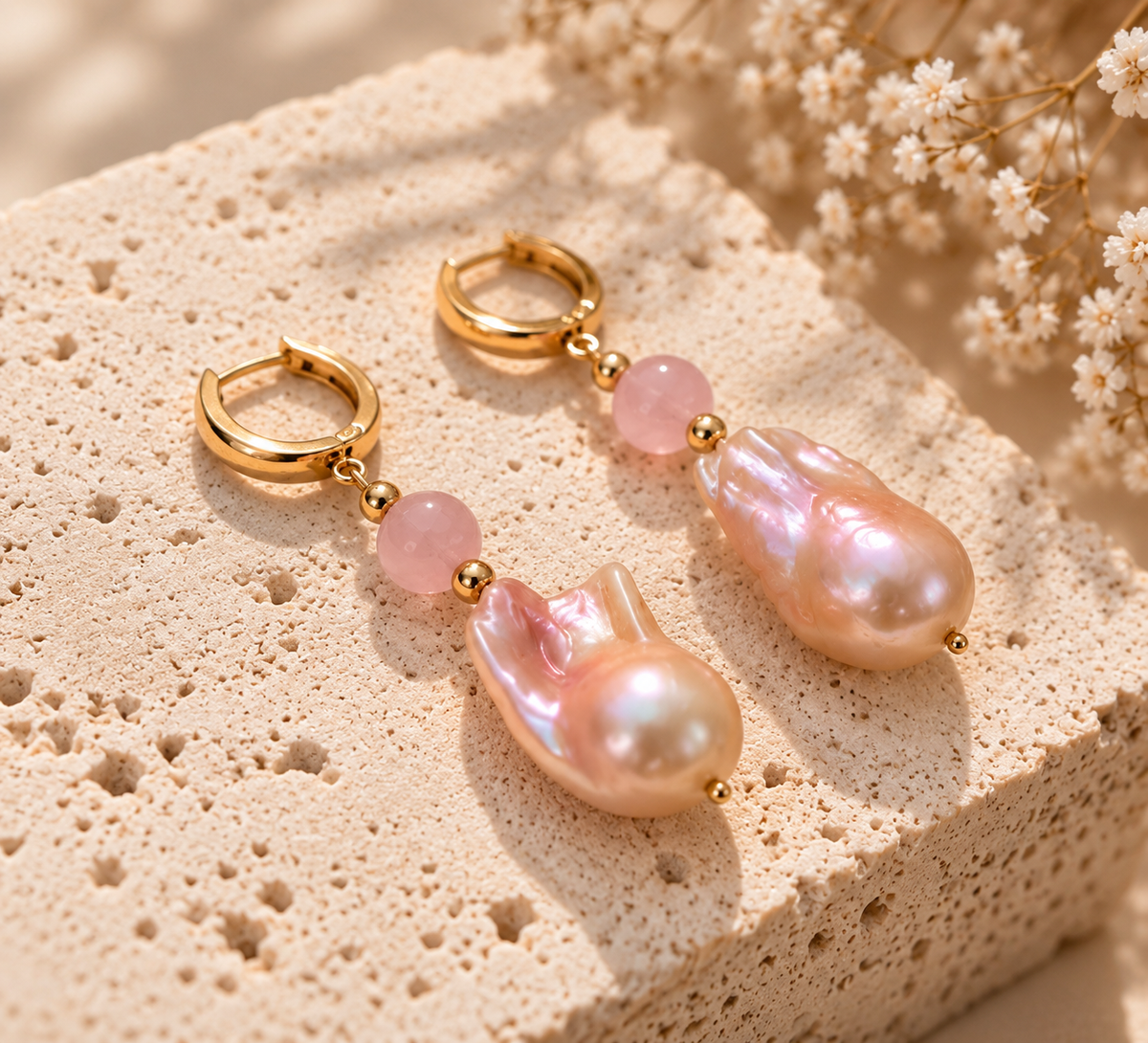 INNA YANOK Rosé Baroque Pearl Earrings with Baroque Pearl, Pink Quartz and gold-filled details